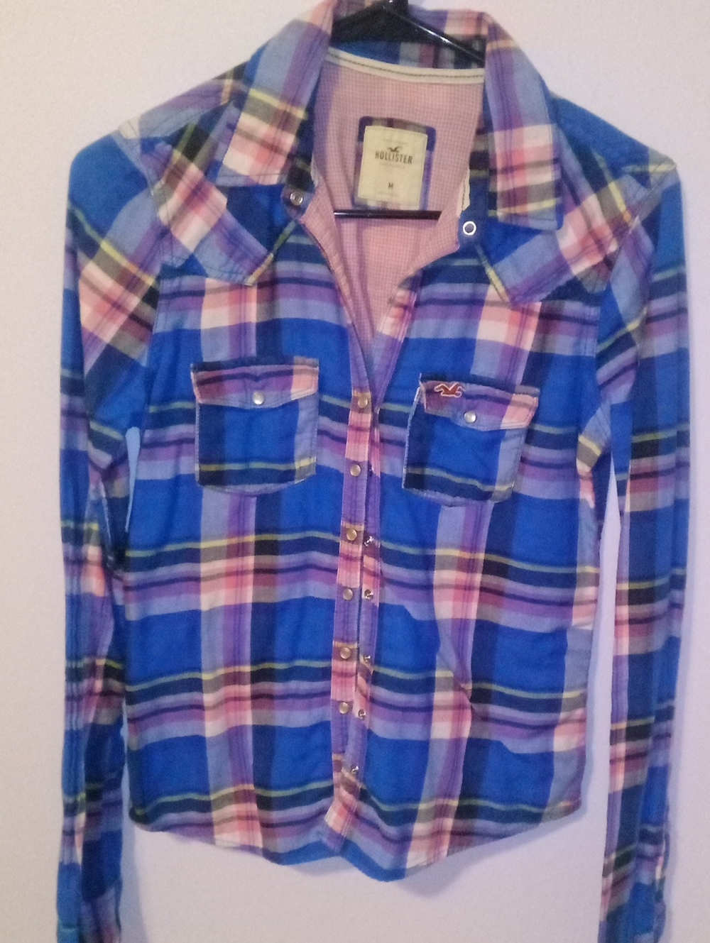 Hollister Blue Plaid Button-Front Shirt with Pink & Purple Accents